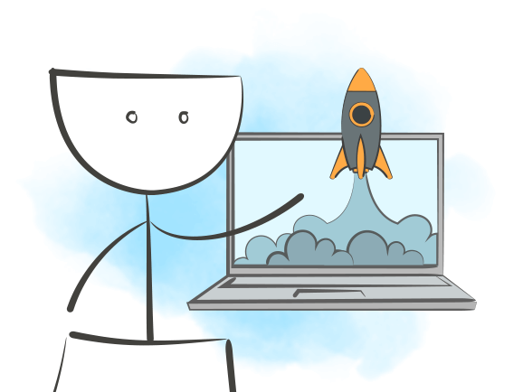 Человек и ноутбук с взлетающей ракетой